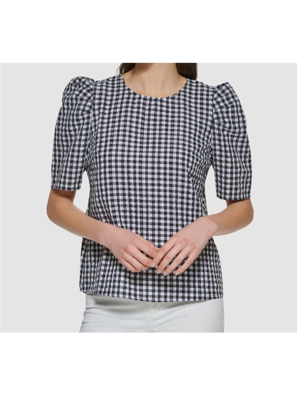 Calvin Klein Women's Black White Checked Gingham Puff Shoulder Top Size S